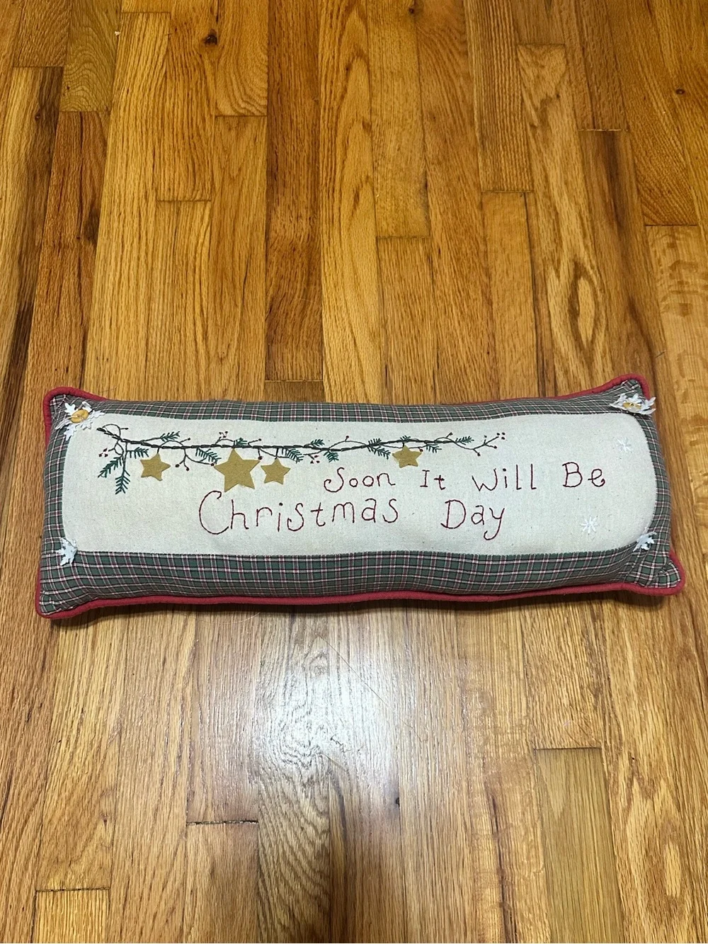 Handmade Holiday Lumbar Pillow - 'Soon It Will Be Christmas Day' in Red/Cream